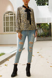 Original Design with Bow V-neck Long-sleeved Leopard Fashion Wild Ladies Shirt