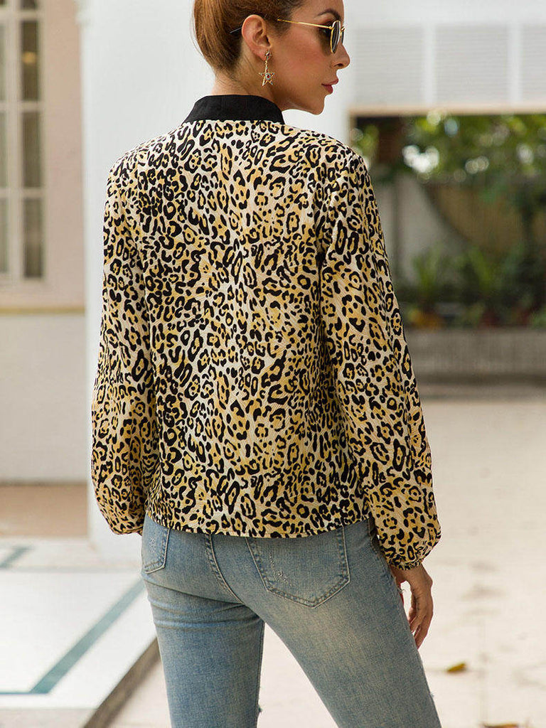 Original Design with Bow V-neck Long-sleeved Leopard Fashion Wild Ladies Shirt