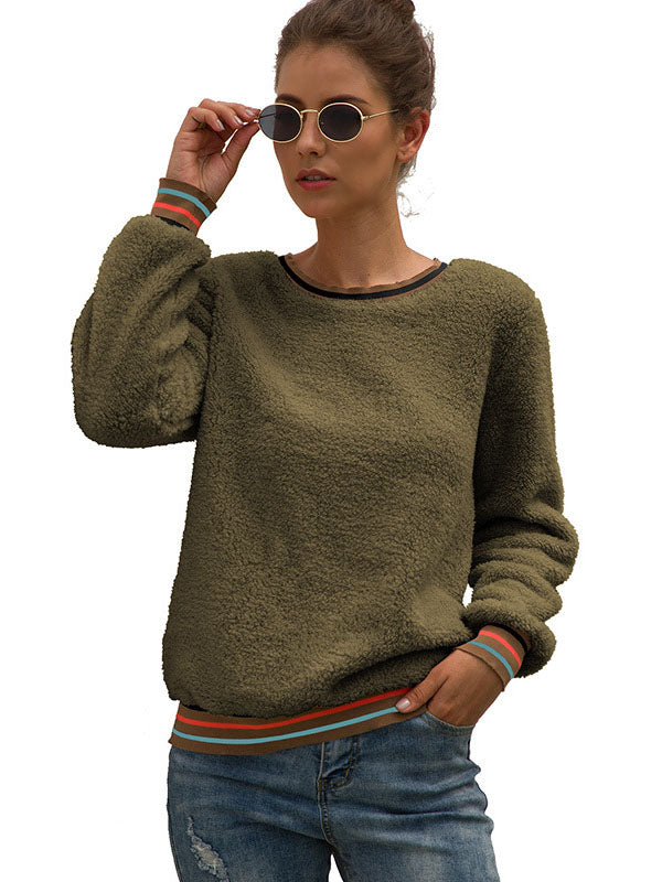 Autumn and Winter New Women's Striped Stitching Plush Pullover Top
