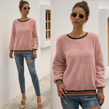 Autumn and Winter New Women's Striped Stitching Plush Pullover Top