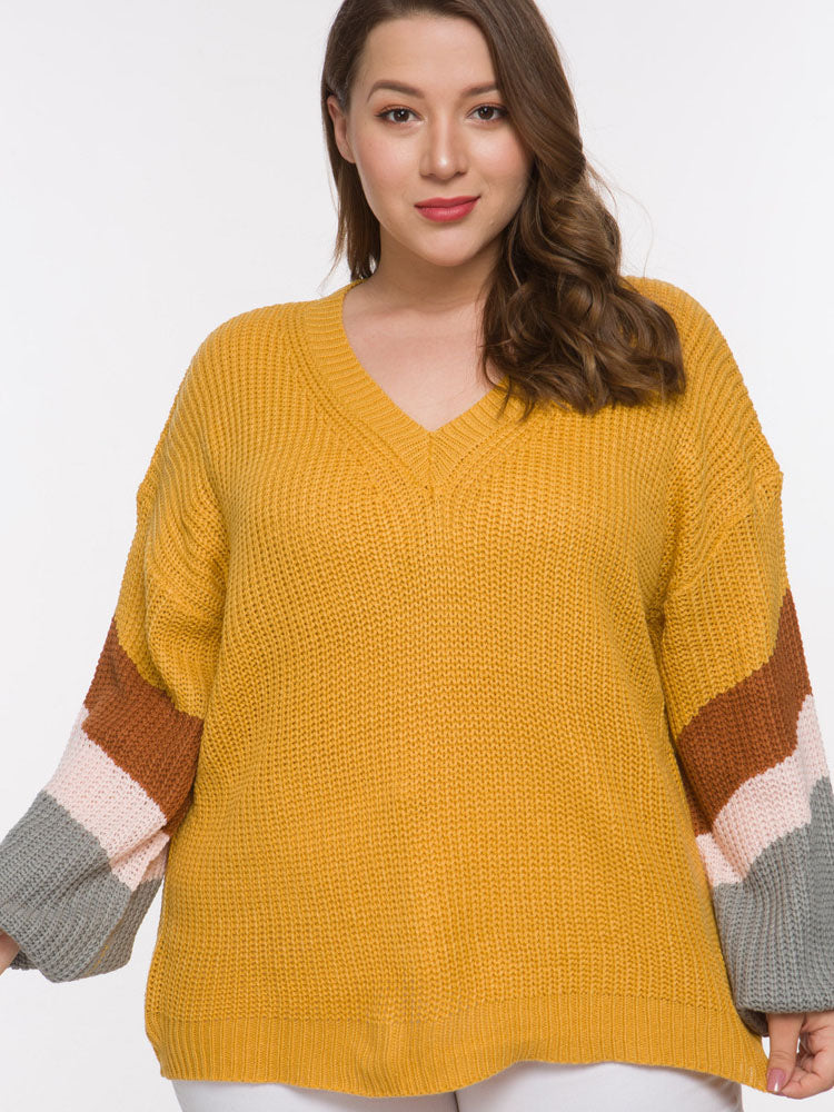 Long Sleeved Head V-neck Color Matching Fat Woman Autumn and Winter Large Size Sweater 2 Colors