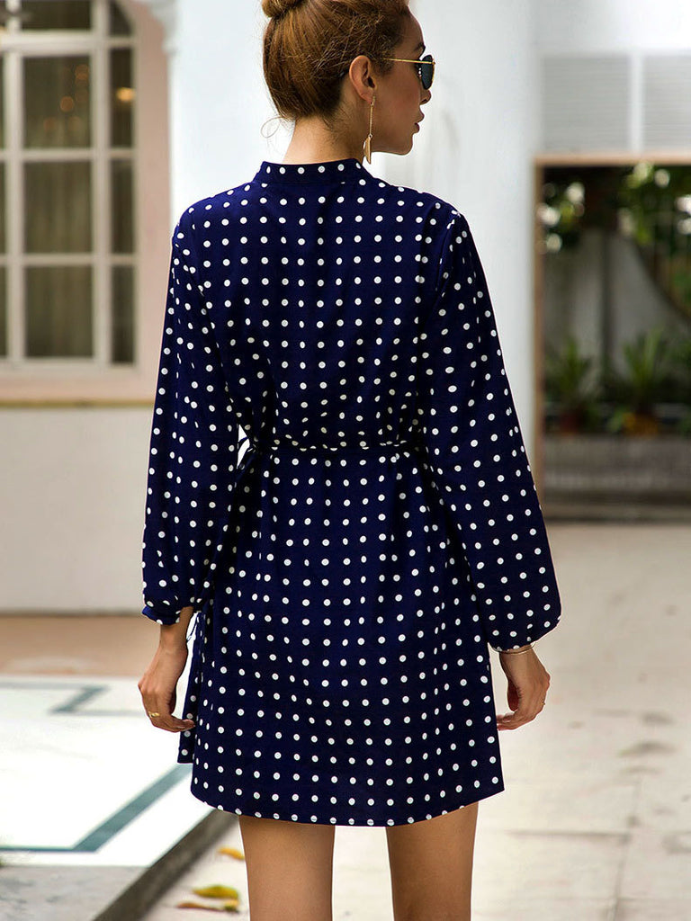 Original Design with High Waist Stand Collar Long Sleeve Fashion Slim Polka Dot Print Skirt