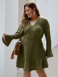 Fashion Large Size Women's Autumn and Winter Long-sleeved V-neck Knit Dress