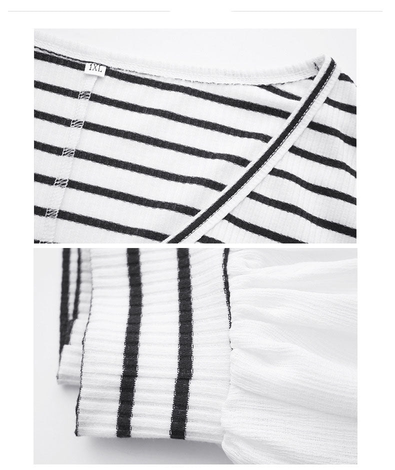 Fashion Large Size Women's Striped Stitching Shirt V-neck Sexy Clothes