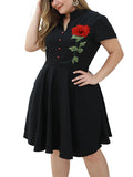 Large Size Women's Black Retro Long Embroidered Applique Short-sleeved Dress