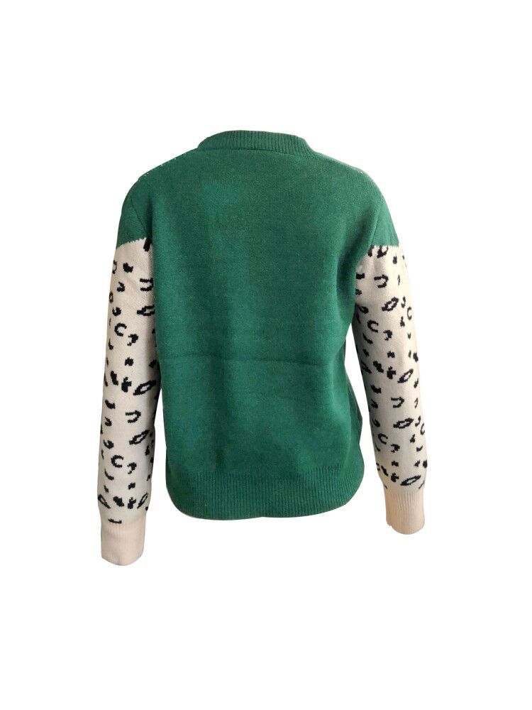 Women's Leopard Print Long Sleeve Round Neck Cropped Sweater