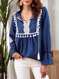 Long-sleeved Denim Shirt Female Lace Stitching V-neck Drawstring Shirt