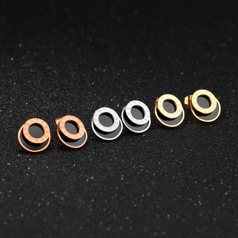 Roman Numerals Rose Gold Titanium Steel Earrings Fashion Black Round Earrings