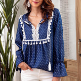 Long-sleeved Denim Shirt Female Lace Stitching V-neck Drawstring Shirt