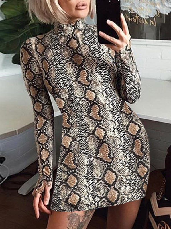 Snake Print Half-high Collar Long-sleeved Package Hip Bottom Dress