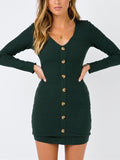 Sexy Deep V Button Contrast Color Long Sleeve Tight-fitting Hip Dress