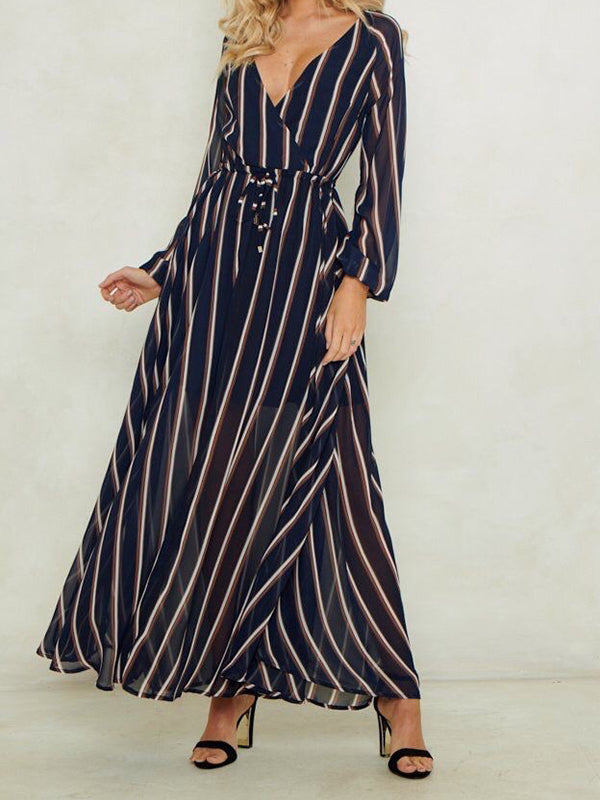 Deep V-neck Long-sleeve Striped Dress