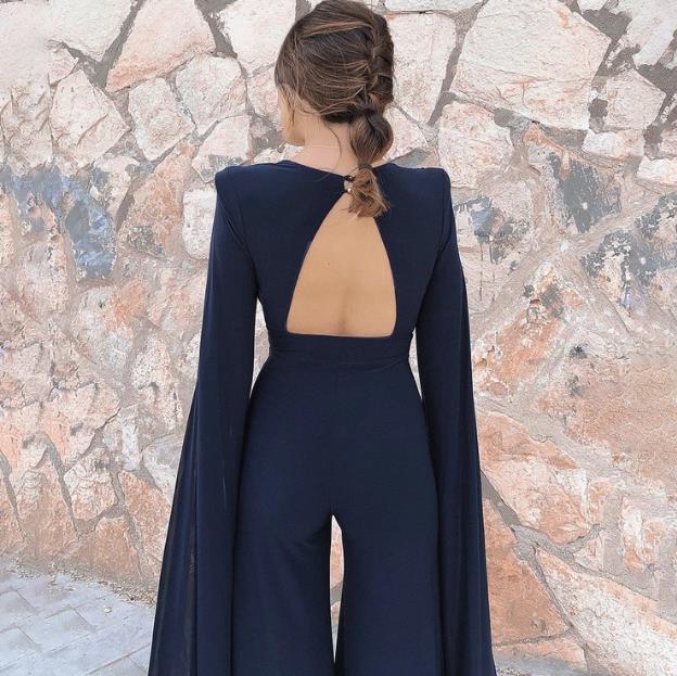 Sexy Dark Blue Long Sleeves Jumpsuits
