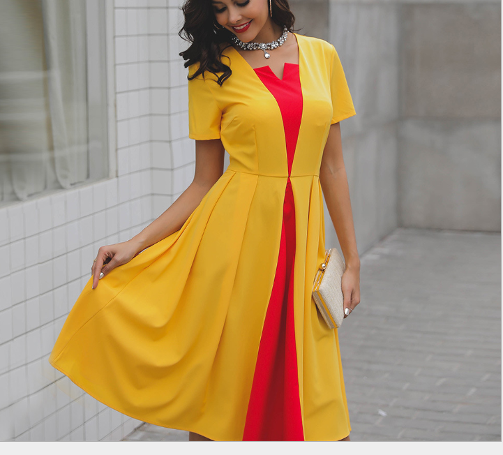 Elegant Contrast Color Irregular Collar Pleated Mini Full Dress