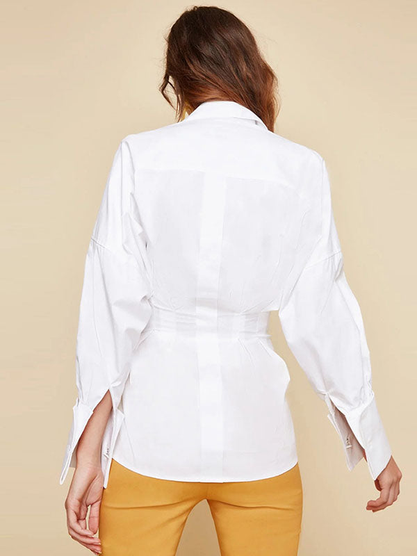 Lapel Waistband Waist Lantern Sleeves Slim Long-sleeved Shirt