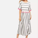 Round Neck Striped Color Tassel Dress