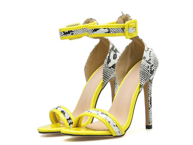 Summer New Yellow One-button Buckle with Open Toe Stiletto Super High Heel Sandals