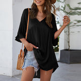 Long Oblique Solid Color V-neck Casual Loose Sexy Cropped Sleeves