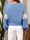 Denim Blue Top V-neck Lace Stitching Long-sleeved Shirt
