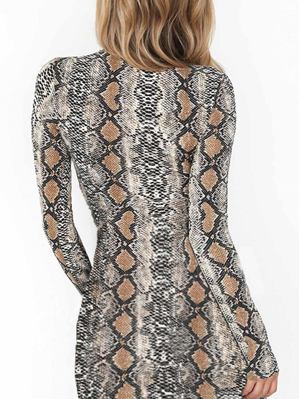 Snake Print Half-high Collar Long-sleeved Package Hip Bottom Dress