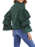 Stand Collar Solid Color Layered Ruffled Trumpet Sleeve Casual Jacket