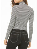 Zip-strap High-neck Long-sleeved Tight-fitting Striped T-shirt