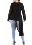 Plus Size Round Neck Long Sleeve Solid Color Long Irregular T-shirt Top