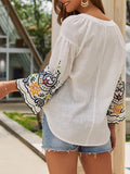Embroidered V-neck Cotton And Linen Shirt T-shirt
