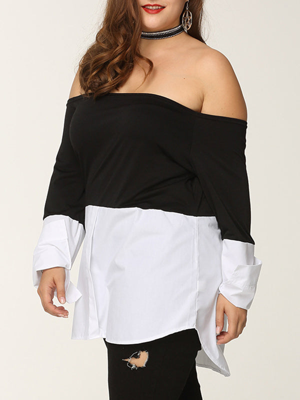 Black And White Stitching Collar Off-shoulder Long-sleeved Shirt Top Plus Size