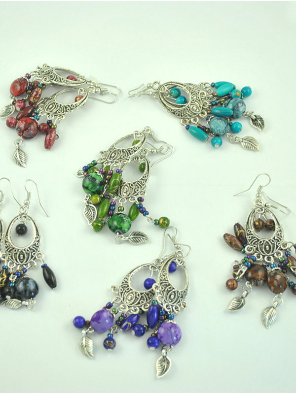 Vintage Ethnic Style Earrings Baroque Fringed Leaves Earrings Hand-painted Pattern Ancient Silver Earrings