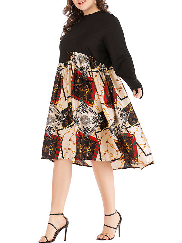 Plus Size Printed Color Dress With Long Sleeves