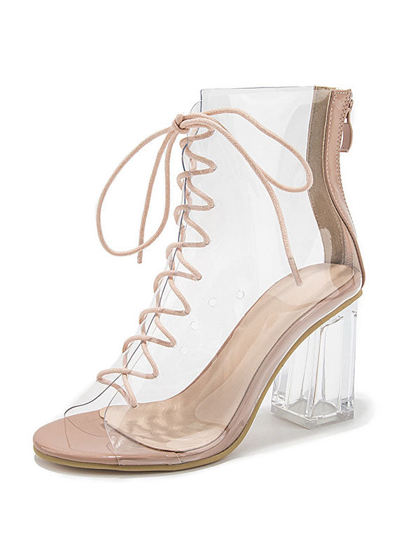 High-heeled Sandals Female Transparent Zipper Sexy Crystal Thick with Cross Straps Fish Mouth Lace-up Sandals