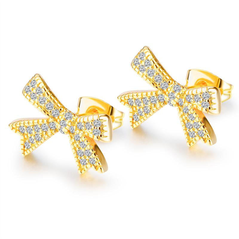 Micro-inlaid Zircon Bow Earrings Women Temperament Simple Copper-plated Earrings