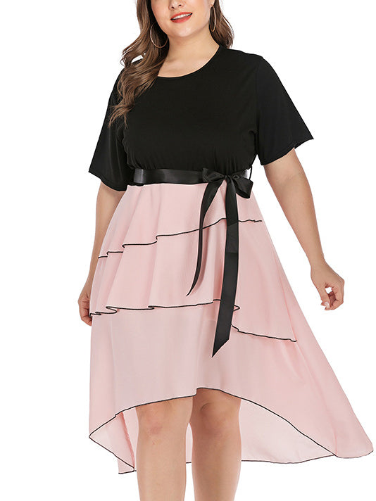 Plus Size Black Short Sleeve Stitching Irregular Dress