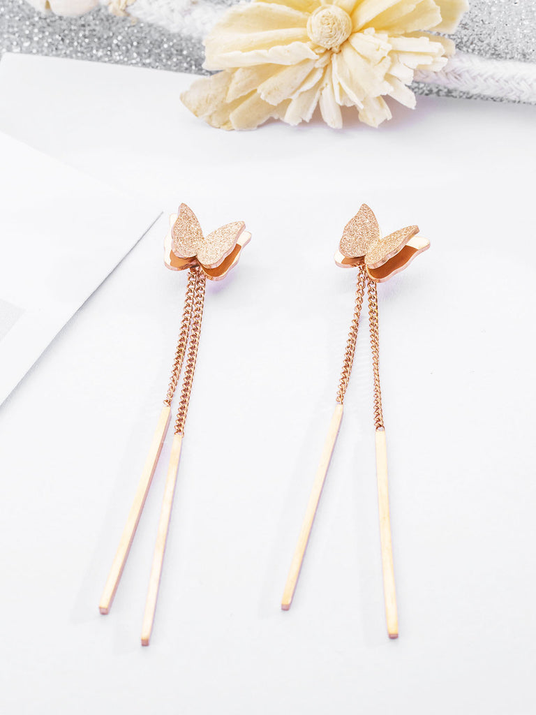 Vintage Geometric Frosted Double-layer Stereo Butterfly Earrings Titanium Steel Plated Rose Gold Tassel Earrings Tide Earrings