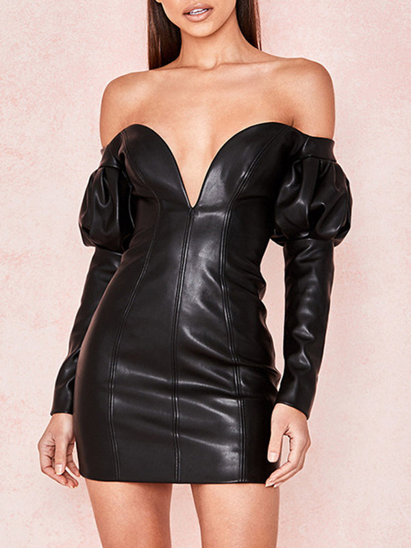 PU Leather Back Zip Wrap Chest V Sexy Hip Dress