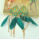 Baroque Painted Oil Color Feather Earrings Bohemian Painted Rice Beads Feather Tassel Earrings