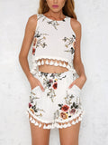 Sleeveless Printed Fringed Shorts Two-piece Suit