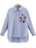 Women's Striped Embroidered Lapel Long Sleeve Shirt