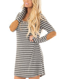 Round Neck Patch Stitching Long Sleeve Loose Striped Dress