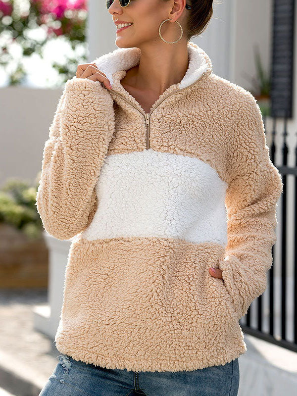 Autumn and Winter Zipper Pullover Fur Coat Stitching Plush Sweater