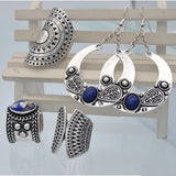 Vintage Gemstone Circle Earrings Carved Ancient Silver Ring Earrings Jewelry Set Four-piece