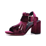 Matte Suede Thick with Belt Buckle High Heel Tassel Shoes Female Fish Mouth Sandals High Heels