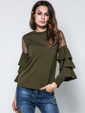 Spring New Women's Small Stand Collar Mesh Stitching Trumpet Sleeve T-shirt