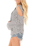 Sexy Off-the-shoulder Hooded Loose Long-sleeved Striped Sweater