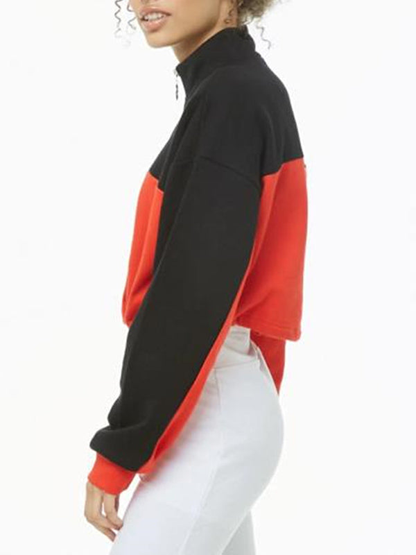 Contrast Stitching High Collar Zipper Long Sleeve Short Pullover Sweater