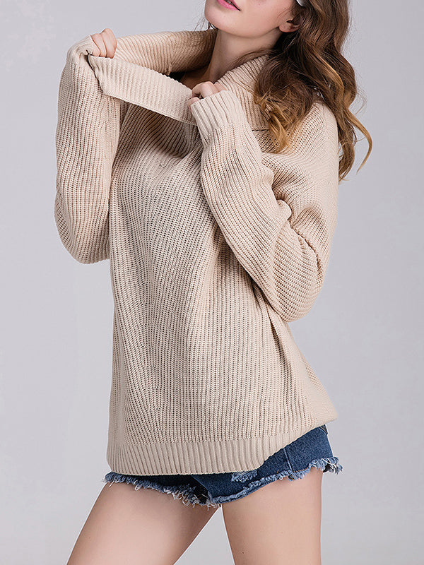 High-necked Loose-necked Solid Color Sweater Long-sleeved Knit Sweater