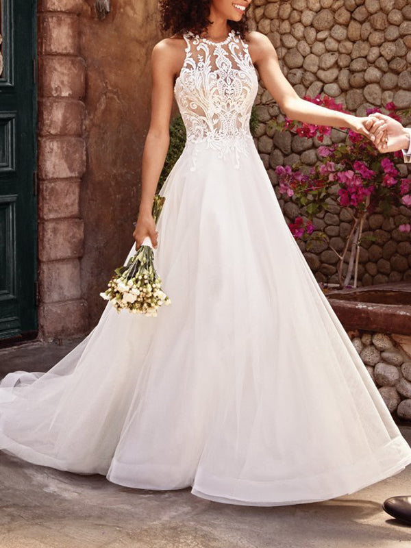 Lace Sleeveless Hanging Neck Wedding Dress Long Skirt
