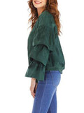 Stand Collar Solid Color Layered Ruffled Trumpet Sleeve Casual Jacket