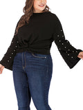 Round Neck Pullover Pearl Sleeve Black Bottoming T-shirt Top Plus Size